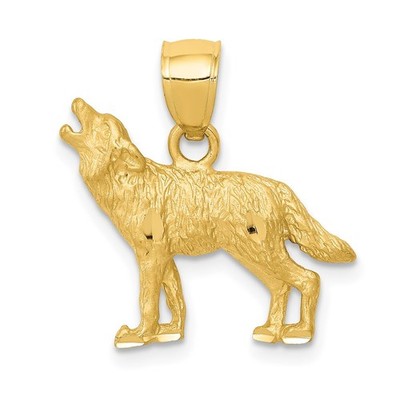 14K Yellow Gold Satin Diamond-cut Howling Wolf Charm Pendant L 18mm, W 18mm