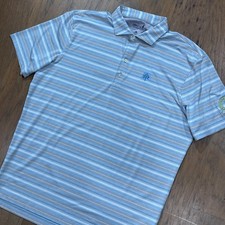 Johnnie O Polo Shirt Mens L Blue Stripes Lightweight Performance Stretch Golfing