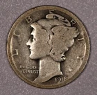 1918-D "Mercury" SILVER One-Dime Coin, Good