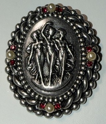 Vintage Jac Win Design Three Graces Brooch Pendant Faux Pearl & Rhinestones 80s