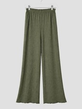 Mango MNG Olive Green Textured Pull On Soft Crinkle Stretch Chic Wide Leg Pants