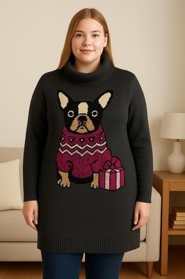 PLUS SIZE Ladies FESTIVE Frenchie Longline Cowl Neck Christmas Jumper Size 16-38