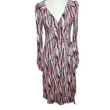 Diane von Furstenberg Wrap Dress 100% Silk Long Sleeve Pink Geometric Size 4