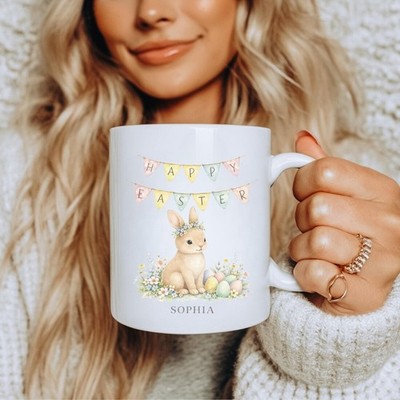 Personalized Easter Bunny Mug 11-15 oz, Cute Pastel Illustration Gift Kids