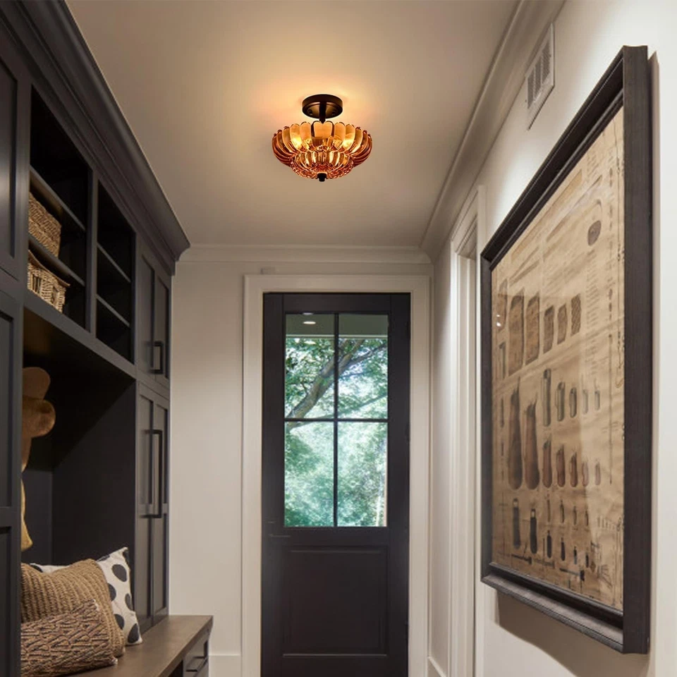 Lámpara de techo moderna vintage semi empotrada, vidrio ámbar 3 luces Foto 4 de 4