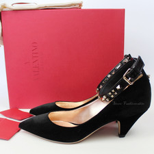 Valentino Garavani Black Velvet Studded Ankle Strap Point Toe Pumps EU 38.5 NIB