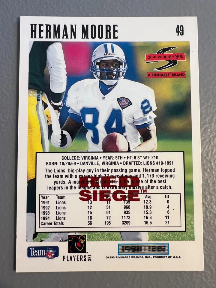 1995 Score Football - Herman Moore ( Detroit Lions ) Red Siege Artist Proof #49 - Image 2 of 2