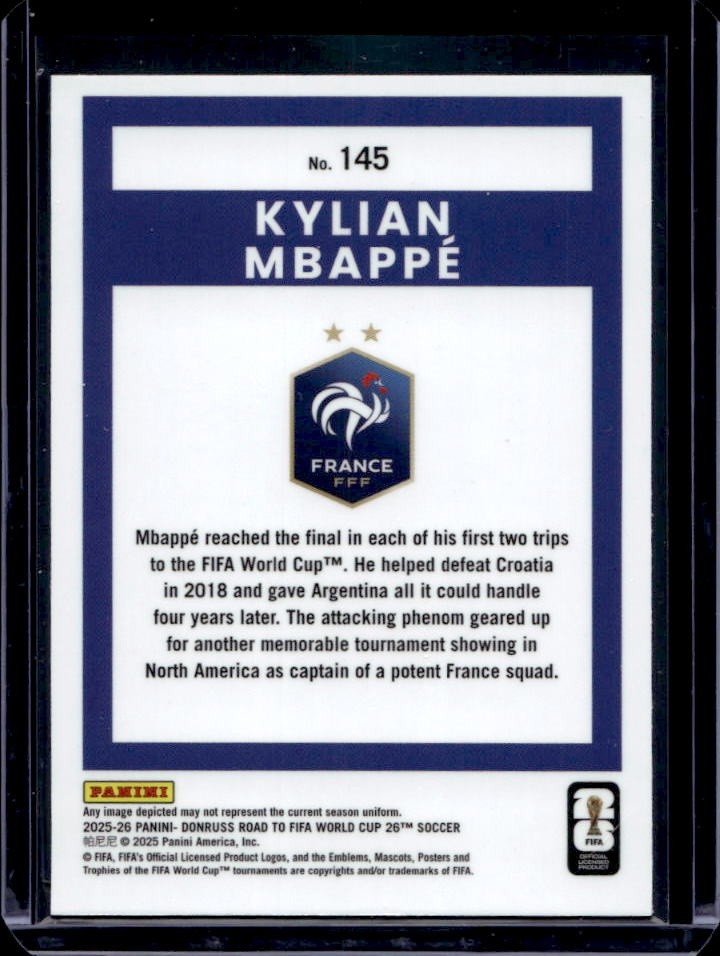 2025-26 Panini Donruss Road to FIFA World Cup 26' Kylian Mbappe Optic #145 view 2
