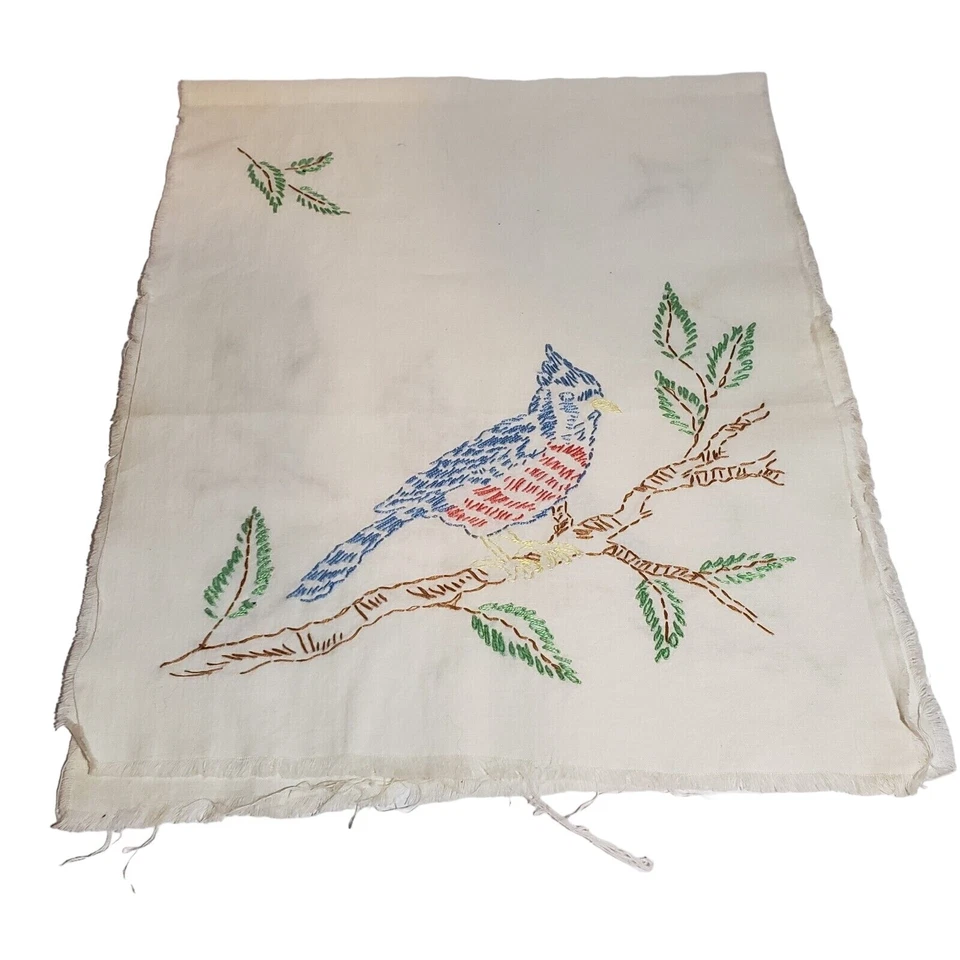 DE COLECCIÓN AÑOS 60 ESTAMPADO AZUL JAY BIRD CORREDOR DE MESA BORDADO PARCIALMENTE ACABADO Foto 4 de 4