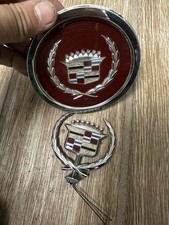 Vintage Cadillac 70s Wreath Crest Chrome Emblem Hood Ornament And Decal Lot 2