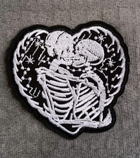 Skeleton Heart Embroidered Iron Or Sew On Patch, Punk Grunge Emo Goth Applique