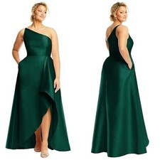 Alfred Sung Size 18 Dark Green One Shoulder Satin Twill Dress D831 Womens Nwt