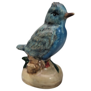 Bluebird Porcelain Figurine Small Blue Bird On Stump Leaves Berries Vintage