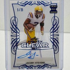 2021 Leaf Trinity Clear JaCoby Stevens #CA-JS1 Blue Autograph /25 Rookie Card. rookie card picture
