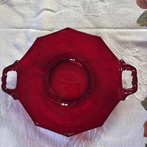 Ruby Red Depression Glass 3 Piece Lot Small Footed Bowl/Gless, Plate W/Handles