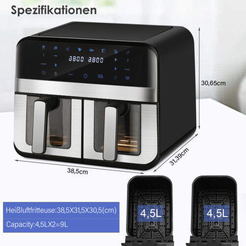 9L Doppel Heißluftfritteuse Dual Air Fryer Digital Heißluft-Fritteuse Sumpkltmfa - Bild 4 von 17
