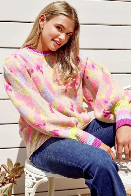 Suéter Jodifl Manga Globo 1X Felicia Rosa Brillante Amarillo Azul Foto 3 de 4