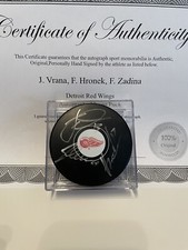 Zadina Hronek Vrana Signed Autographed Detroit Red Wings Hockey Puck W/Case COA