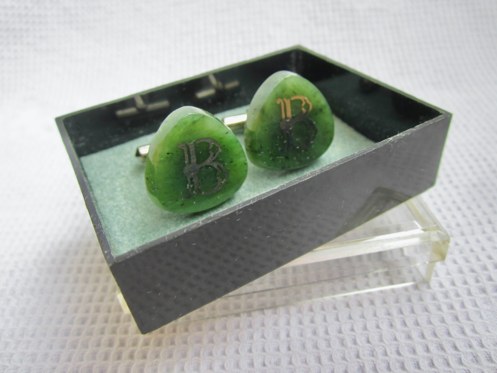 Russian Soviet Cufflinks Initial B Jade Nephrite … - image 2