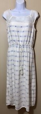 Old Navy Size S White And Blue Linen Blend Midi Dress Drawstring Waist Tassels