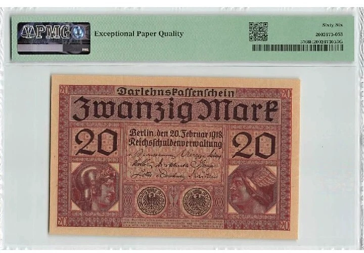 1918 Germany 20 Mark PMG66 EPQ GEM UNC 【P-57】@State Loan Currency Note@ - Image 2 of 2