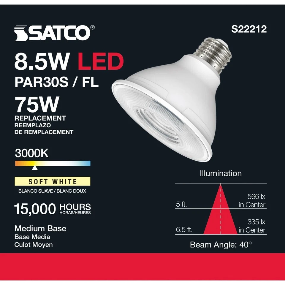 SATCO S22212 - 8.5 Watt PAR30S LED Bulbs - 3000K - 120 Volts (6 Pack) - Image 3 of 4