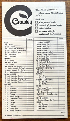 Vintage Crowley Milk Man ORDER PAD Dairy Products Kwik Chef Prepared Food 1970s