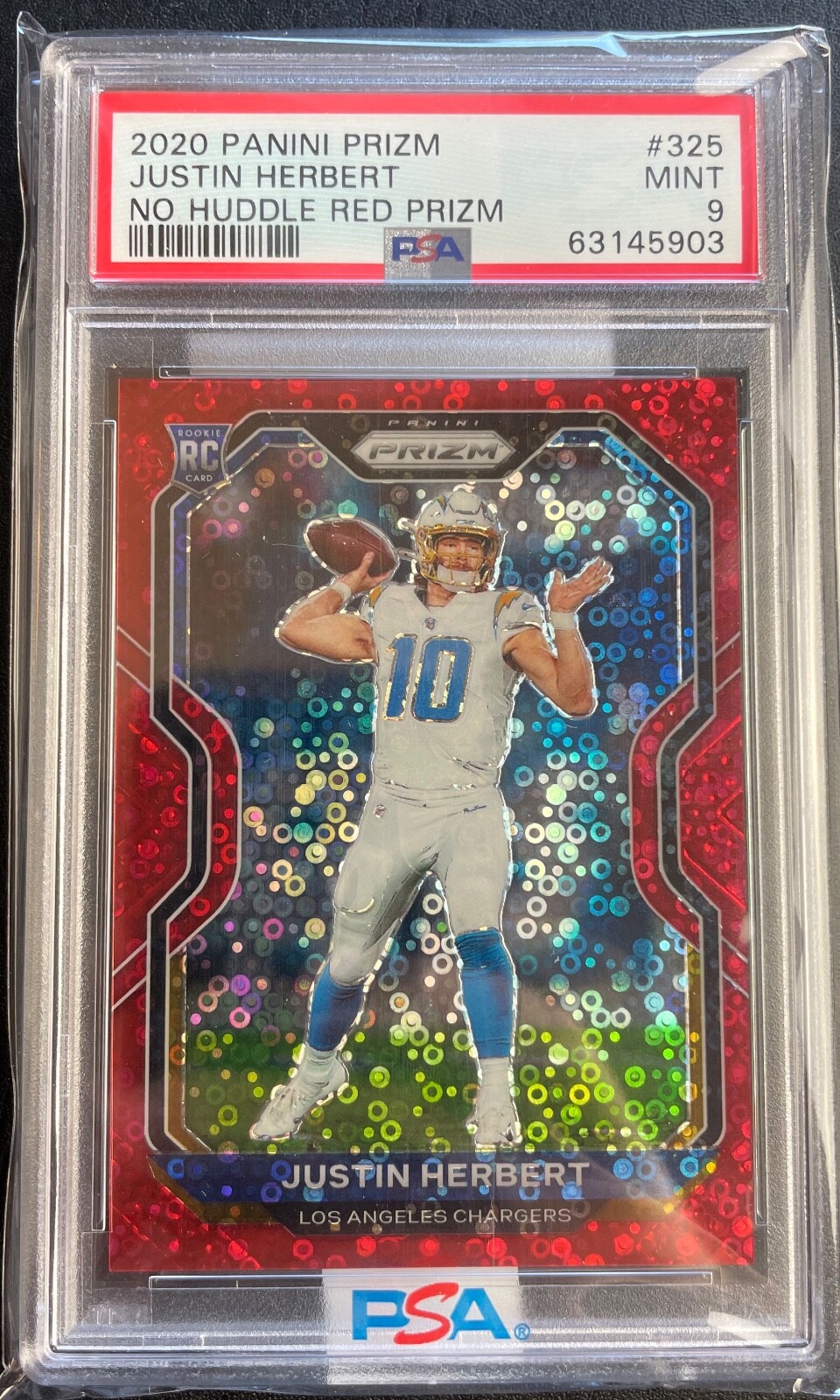 #/50 Justin Herbert PSA 9 MINT 2020 Panini Prizm No Huddle Red Prizm RC #325