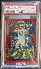 #/50 Justin Herbert PSA 9 MINT 2020 Panini Prizm No Huddle Red Prizm RC #325