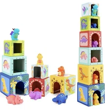 Wooden Baby Dinosaur 8 Sorting & Stacking Toy Blocks w/6 Bathtub Dino Toys!