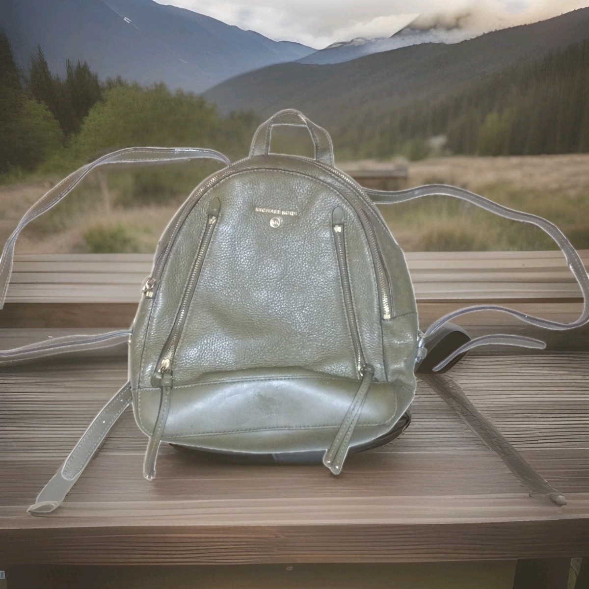 Michael Kors Olive Green Pebbled Leather Flap Backpack with Gold MK Charm Amazon.com: Michael Kors Sable Medium Backpack, Gold-Tone  main image 2