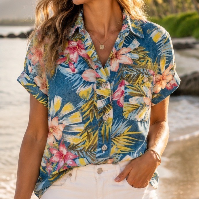 Sag harbor Hawaiian Grandma shirt top blouse short sleeve chambray small A2