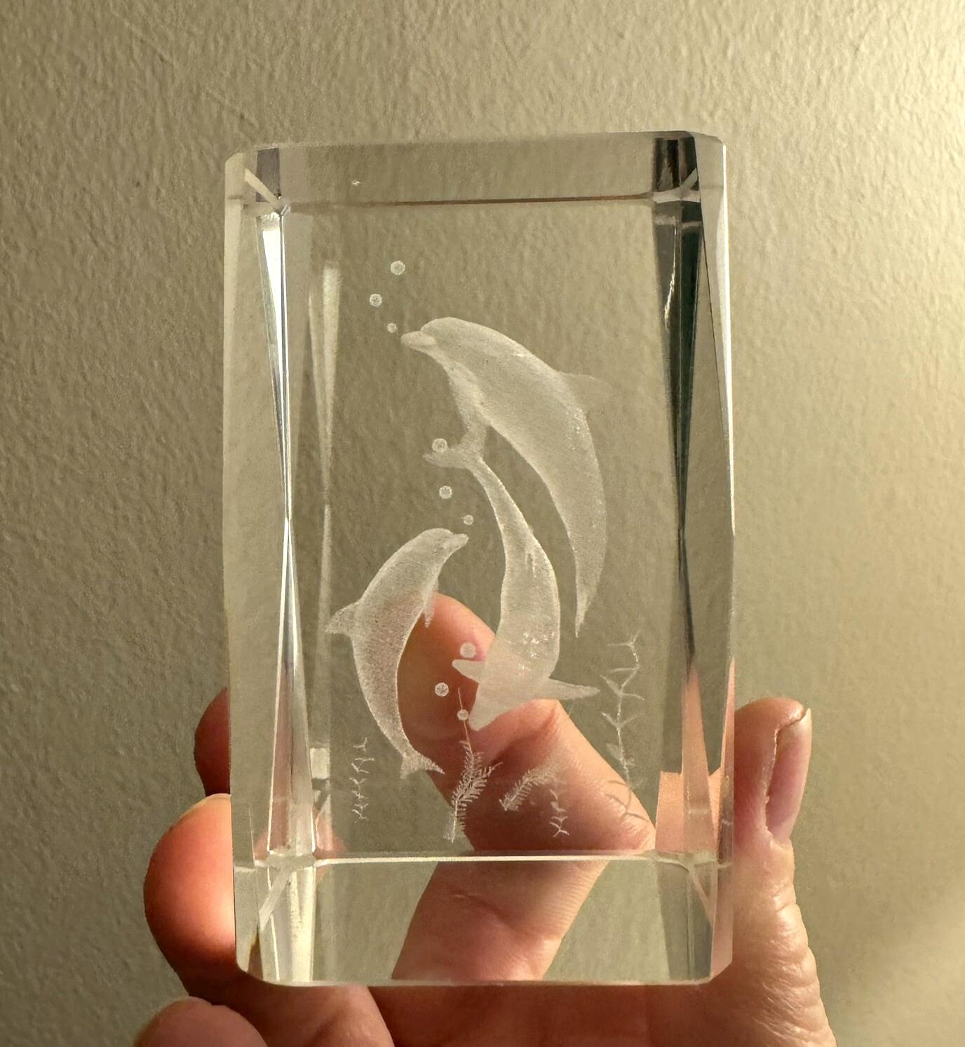Vintage Crystal Glass 3D Paperweight Dolphin Laser Engraved Etched