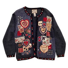 VNTG heirloom Collectibles Heart embroidered Cardigan Sweater Large blue