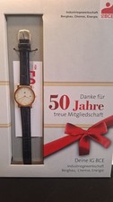IG BCE Analog Armbanduhr goldfarben, Lederarmband schwarz, Datum, Box …