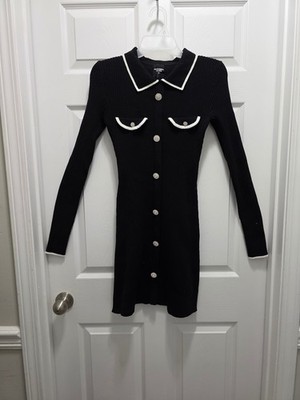 Grand Street Studios Black Ribbed Knit Button-Up Dress with White Trim Size M