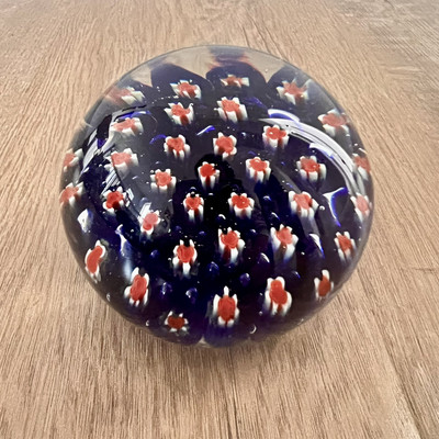 Vintage Italian Murano Art Glass Millefiori Paperweight Blue W/ Red Flowers