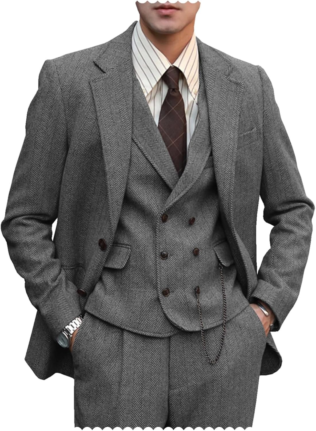 Mens 3Pcs Tweed Suit Retro Vintage Herringbone Formal Tuxedo