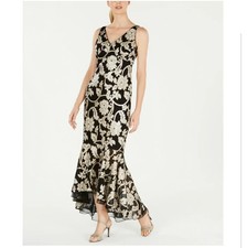 Calvin Klein Black  Gold Metallic Floral Brocade V-Neck High-Low Gown Sz 6 NWT