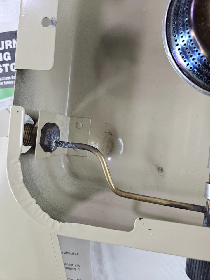 Estufa de camping propano quemador marca Sears de colección bronceado modelo 727730 caja leer Foto 2 de 4