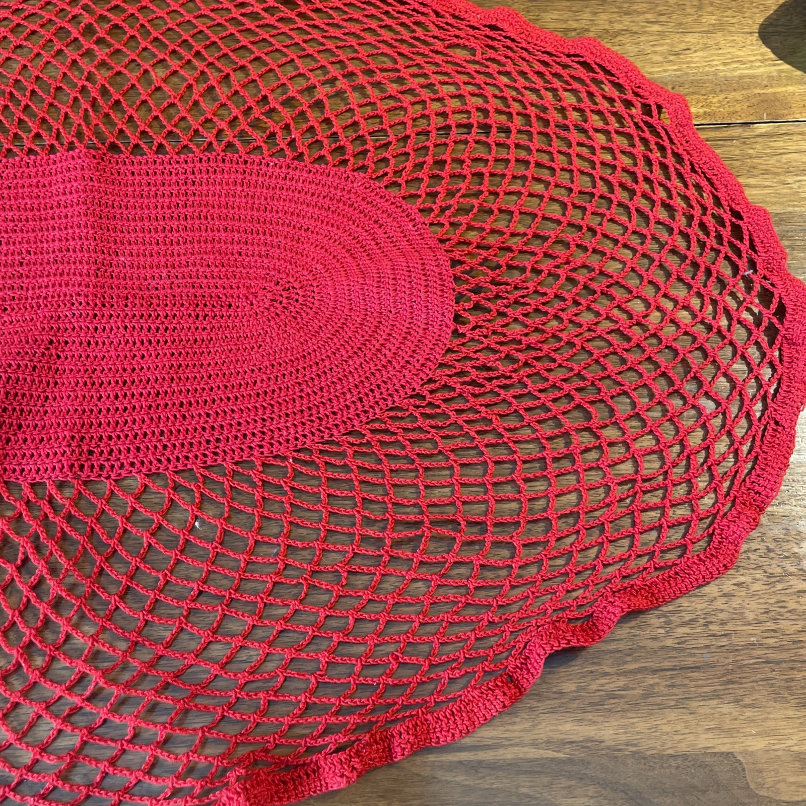 Large 30"x21" Red Vintage Crochet Table Runner, Doily, Buffet Or Dresser Scarf