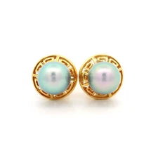 Estate 18k Yellow Gold Cultured Grey Pearl Greek Key Design Stud Earrings