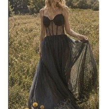 Windsor Corset Tulle Sheer Polka Dot Black Maxi Dress Gown Large Goth Fairy Prom