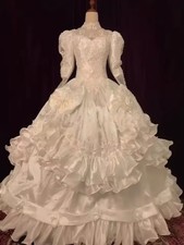 Fluffy Victorian WeddingDresses Vintage HighNeck Lace Applique Ruffled Ball Gown