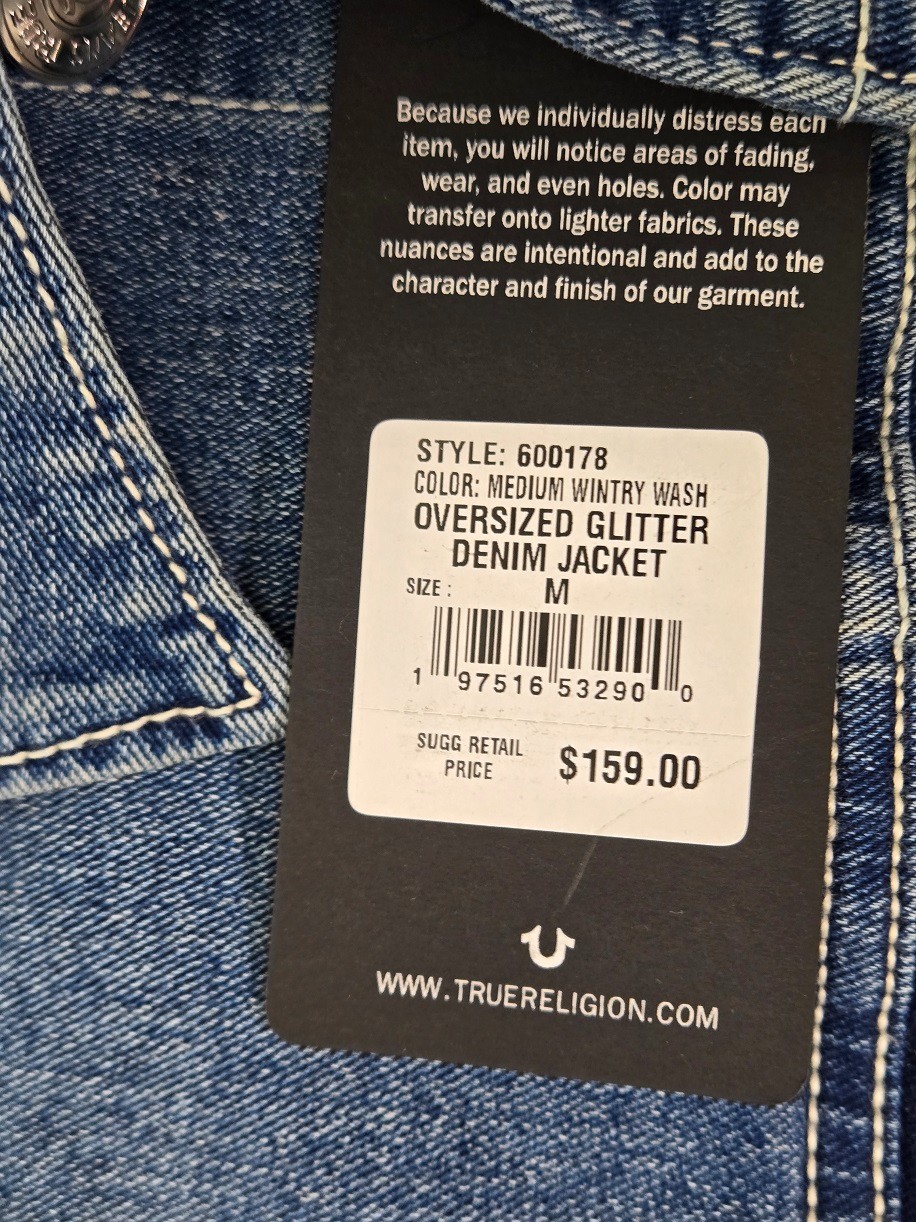 NWT True Religion Oversized Glitter Blue Trucker Denim Jacket Size M Women's thumbnail 8