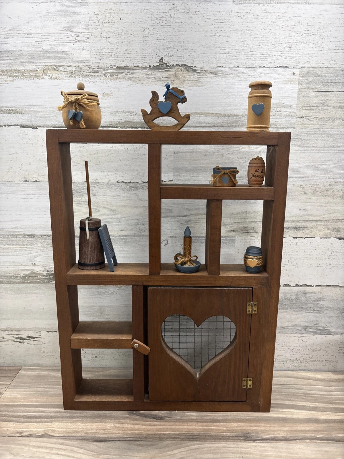 Vtg Wood Wall Shelf Curio Shadow Box Heart Dividers Display Country Farmhouse