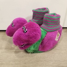 Vintage 1993 Lyons Barney Dinosaur Plush Slippers Purple Green Kids Small 5-6