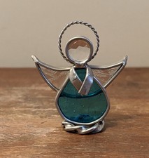 Vintage Stained Glass Metal Angel Figurine Blue Art Glass 2.75  Signed MJ