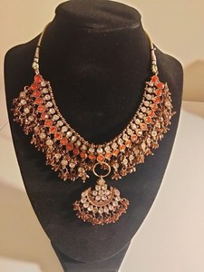 Authentic 396....Indian Bollywood Gold Plated Necklace with Orange and White Crystals.