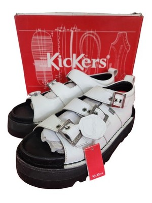 Kickers Knox Lo Buckle White Leather Platform Sandals - Size EU 42 (UK 8) - Neu mit Karton